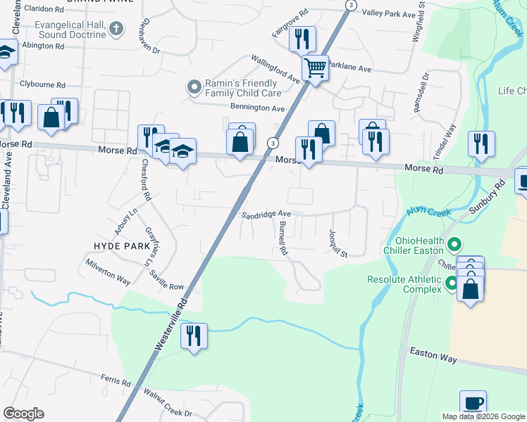 map of restaurants, bars, coffee shops, grocery stores, and more near 4188 Beechwold Drive in Columbus