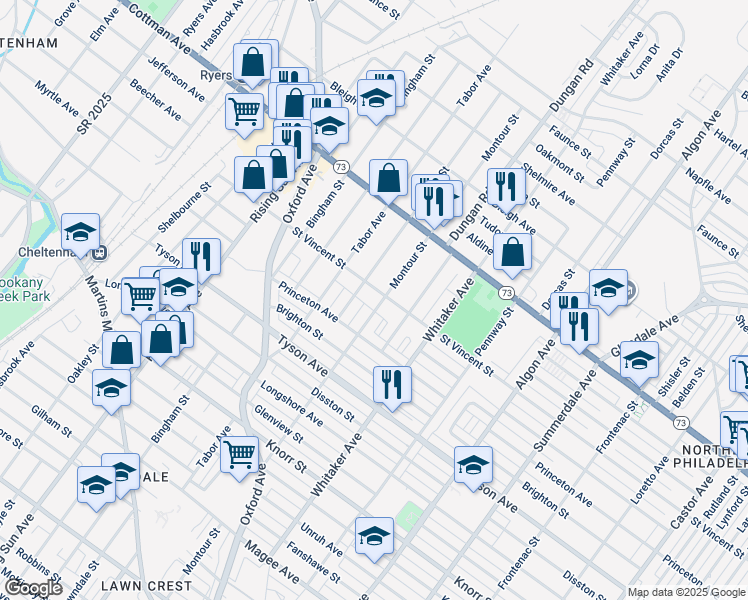 map of restaurants, bars, coffee shops, grocery stores, and more near 7140 Montour Street in Philadelphia