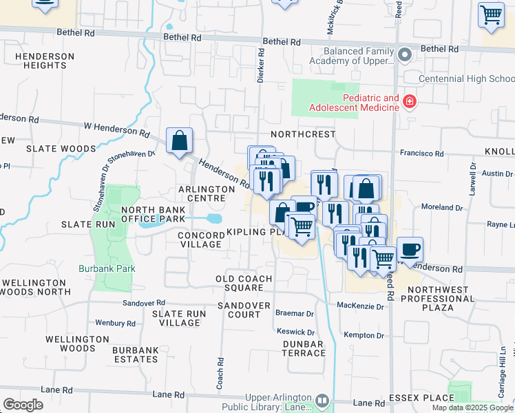 map of restaurants, bars, coffee shops, grocery stores, and more near 4918 Dierker Road in Columbus