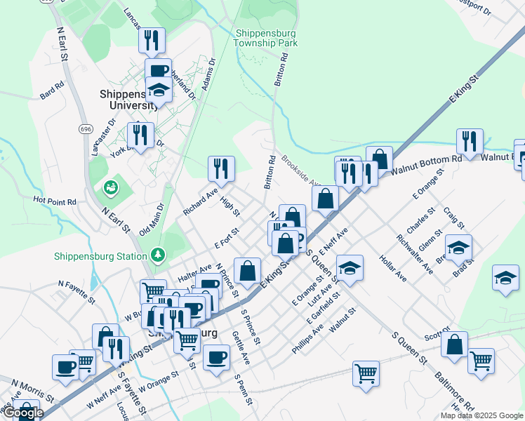 map of restaurants, bars, coffee shops, grocery stores, and more near 352 East Fort Street in Shippensburg