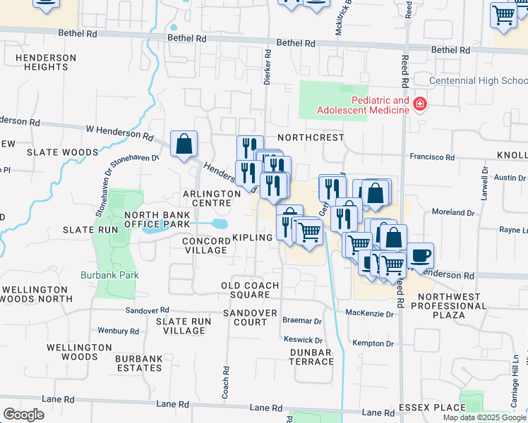 map of restaurants, bars, coffee shops, grocery stores, and more near 4918 Dierker Road in Columbus