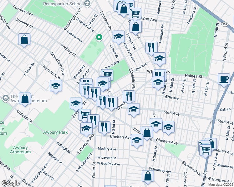 map of restaurants, bars, coffee shops, grocery stores, and more near 2080 Eastburn Avenue in Philadelphia