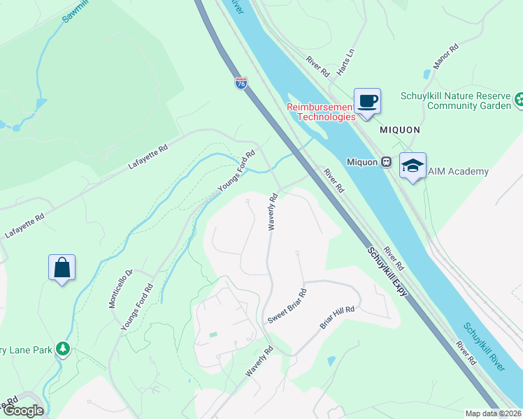 map of restaurants, bars, coffee shops, grocery stores, and more near 1720 Riverview Road in Gladwyne
