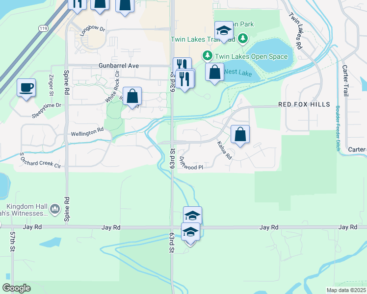 map of restaurants, bars, coffee shops, grocery stores, and more near 4511 Driftwood Place in Boulder