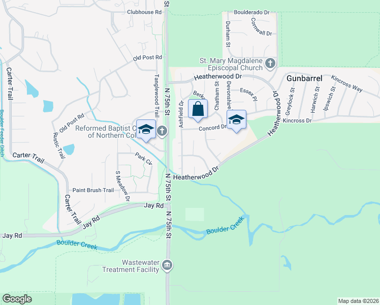 map of restaurants, bars, coffee shops, grocery stores, and more near 7564 Aberdeen Way in Boulder