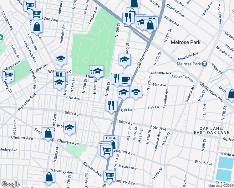 map of restaurants, bars, coffee shops, grocery stores, and more near 6736 North Broad Street in Philadelphia