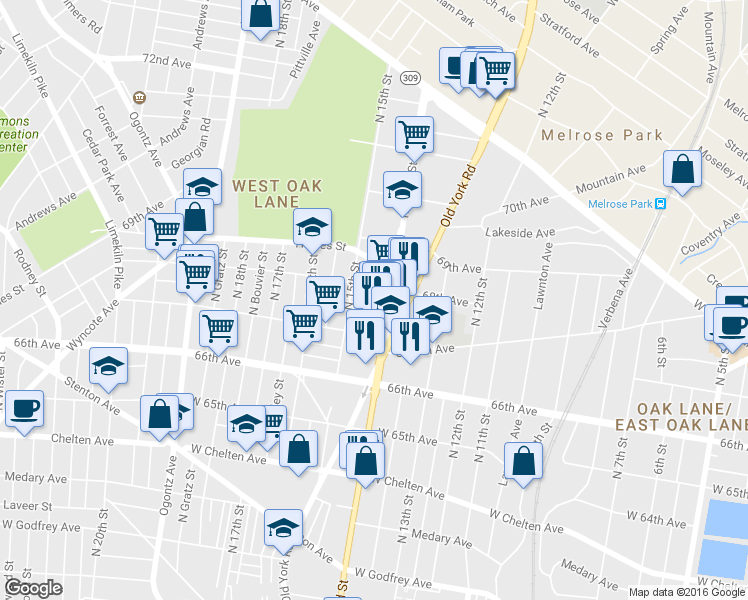 map of restaurants, bars, coffee shops, grocery stores, and more near 6739 North Carlisle Street in Philadelphia