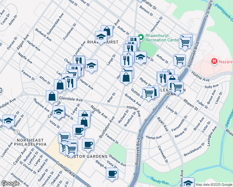 map of restaurants, bars, coffee shops, grocery stores, and more near 7835 Brier Street in Philadelphia