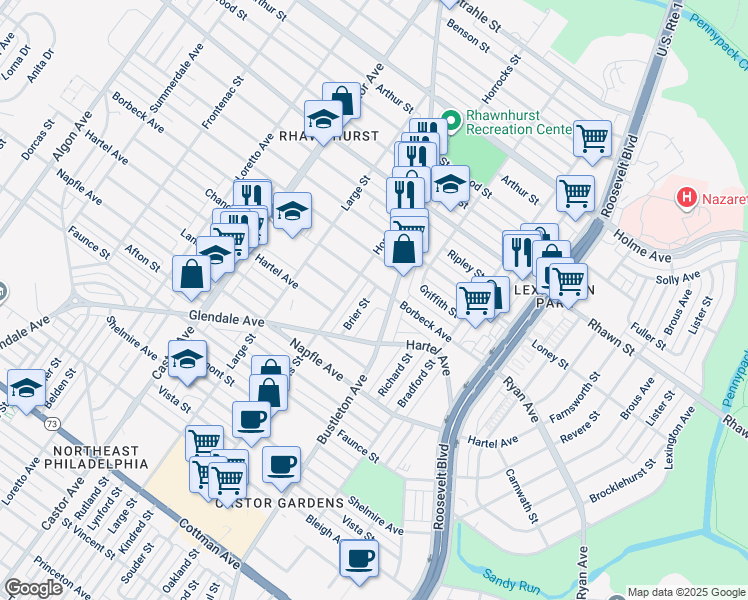 map of restaurants, bars, coffee shops, grocery stores, and more near 7835 Brier Street in Philadelphia