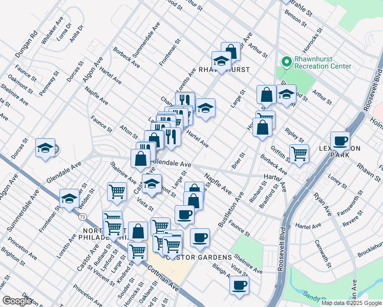map of restaurants, bars, coffee shops, grocery stores, and more near 2038 Lansing Street in Philadelphia