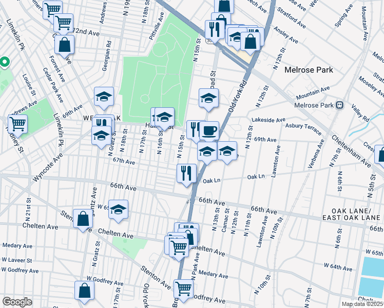map of restaurants, bars, coffee shops, grocery stores, and more near 6739 North Carlisle Street in Philadelphia