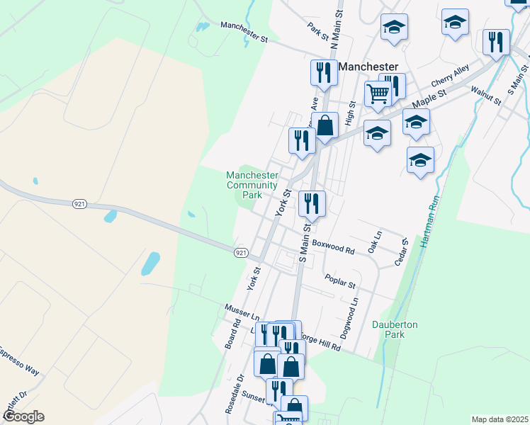 map of restaurants, bars, coffee shops, grocery stores, and more near Boundary Avenue in Manchester
