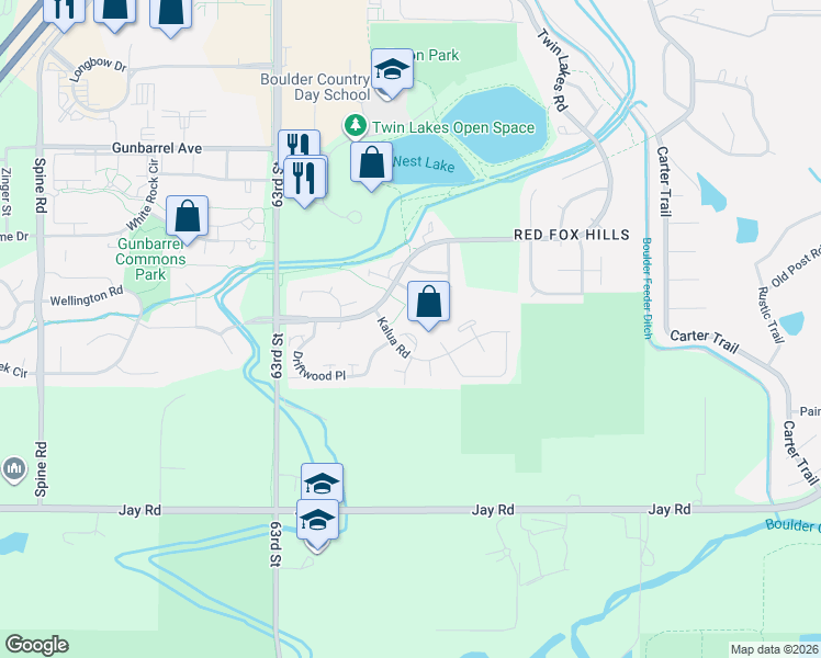 map of restaurants, bars, coffee shops, grocery stores, and more near 6545 Kalua Road in Boulder