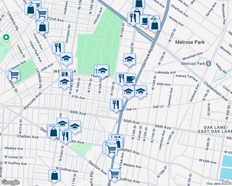 map of restaurants, bars, coffee shops, grocery stores, and more near 6736 North Carlisle Street in Philadelphia