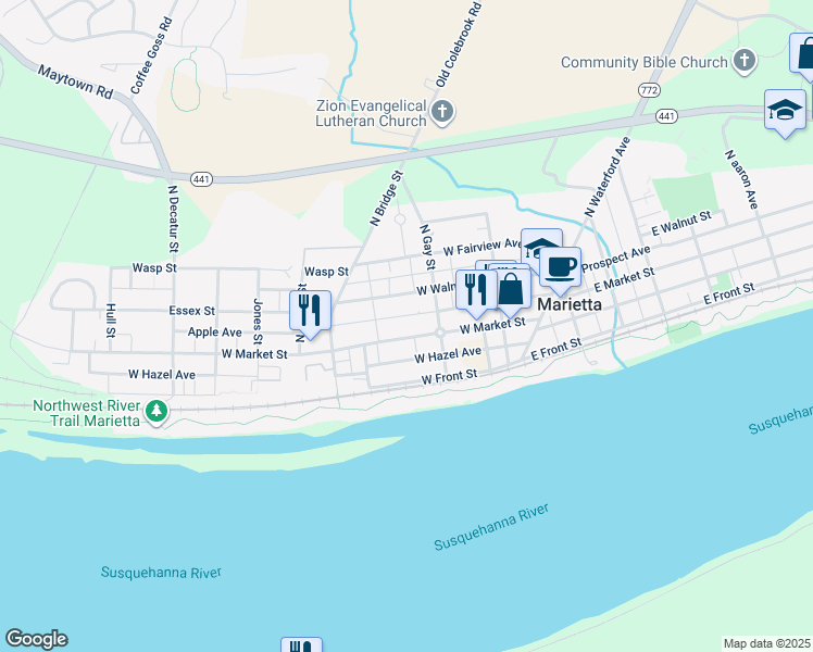 map of restaurants, bars, coffee shops, grocery stores, and more near 238 West Market Street in Marietta