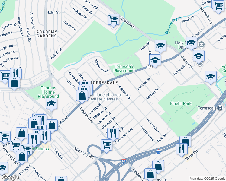 map of restaurants, bars, coffee shops, grocery stores, and more near 4313 Pearson Avenue in Philadelphia