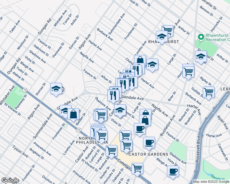 map of restaurants, bars, coffee shops, grocery stores, and more near 900 Glendale Avenue in Philadelphia