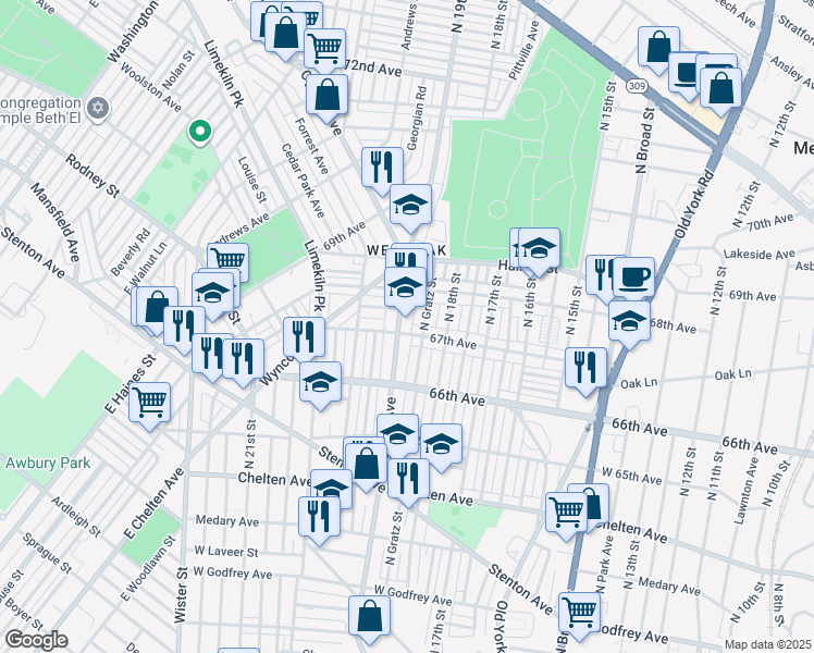 map of restaurants, bars, coffee shops, grocery stores, and more near 1818 67th Avenue in Philadelphia
