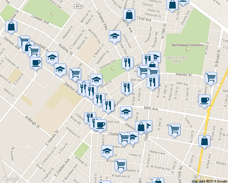 map of restaurants, bars, coffee shops, grocery stores, and more near 2076 Eastburn Avenue in Philadelphia