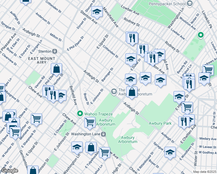 map of restaurants, bars, coffee shops, grocery stores, and more near 6341 Ardleigh Street in Philadelphia