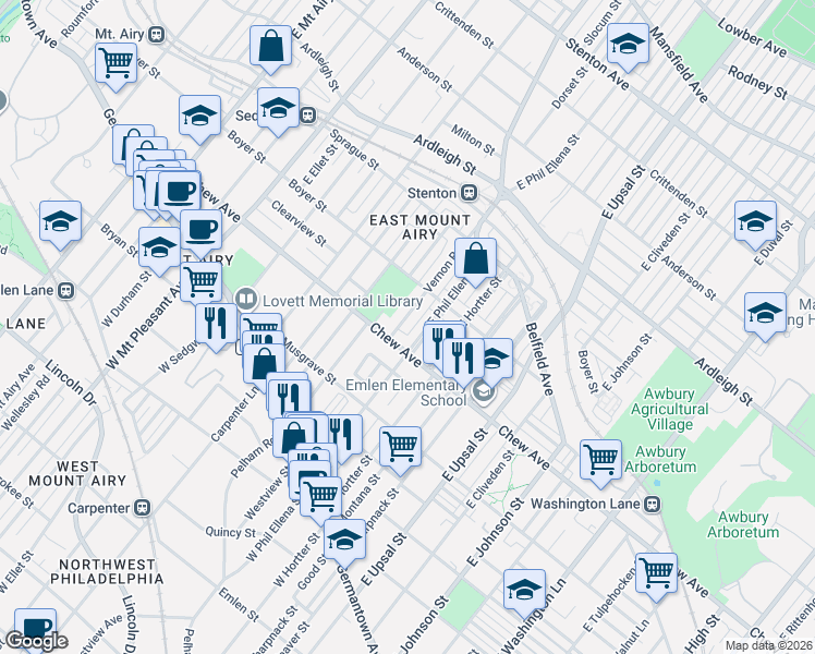 map of restaurants, bars, coffee shops, grocery stores, and more near 6709 Chew Avenue in Philadelphia