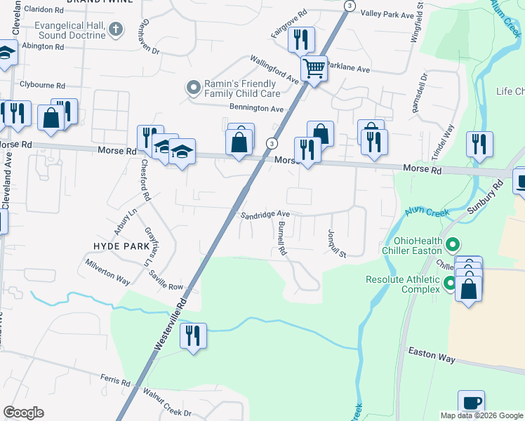 map of restaurants, bars, coffee shops, grocery stores, and more near 4188 Beechwold Drive in Columbus