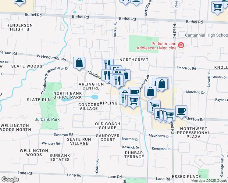 map of restaurants, bars, coffee shops, grocery stores, and more near 4893 Nugent Drive in Columbus