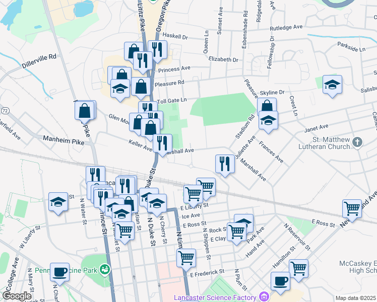 map of restaurants, bars, coffee shops, grocery stores, and more near 1310 Marshall Avenue in Lancaster