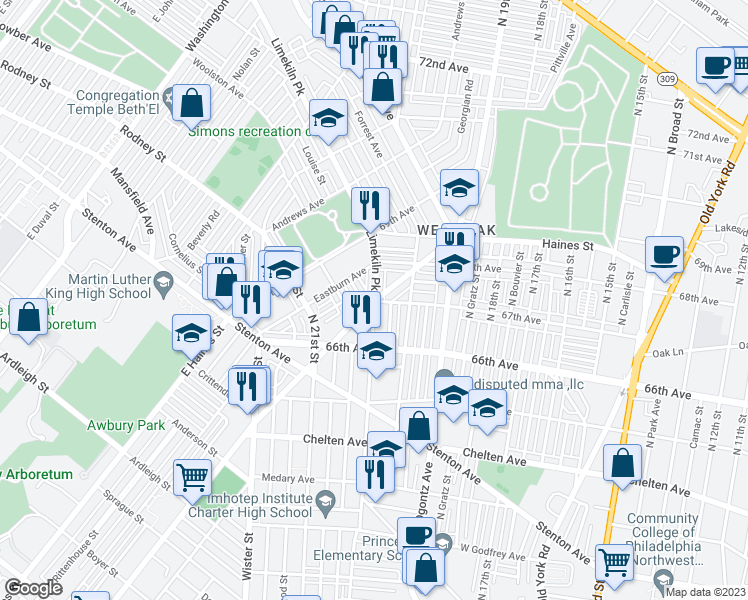 map of restaurants, bars, coffee shops, grocery stores, and more near 6700 Limekiln Park in Philadelphia