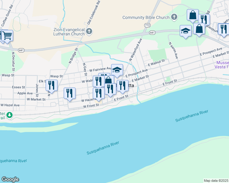 map of restaurants, bars, coffee shops, grocery stores, and more near 3 West Market Street in Marietta