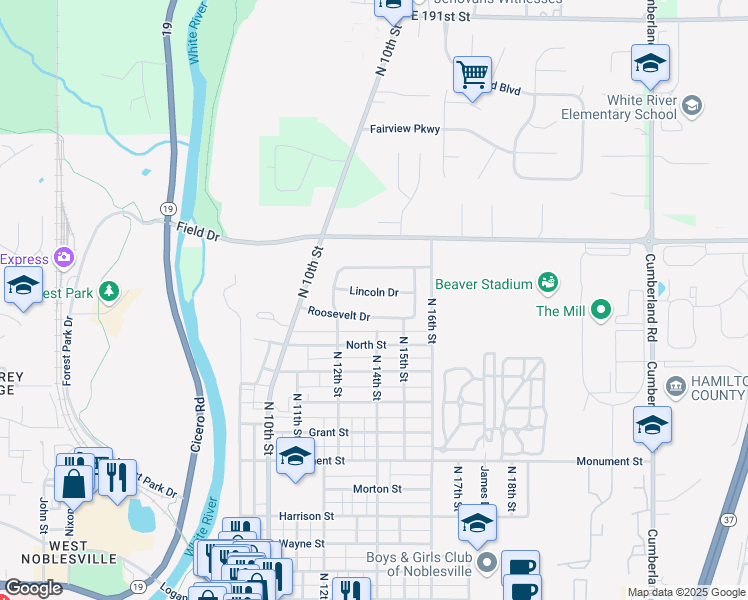 map of restaurants, bars, coffee shops, grocery stores, and more near 1422 Roosevelt Drive in Noblesville