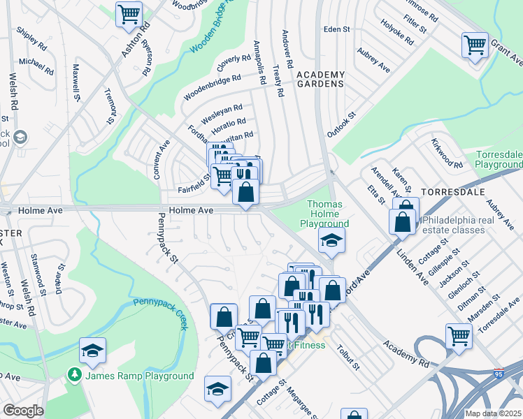 map of restaurants, bars, coffee shops, grocery stores, and more near Holme Ave & Willits Rd in Philadelphia