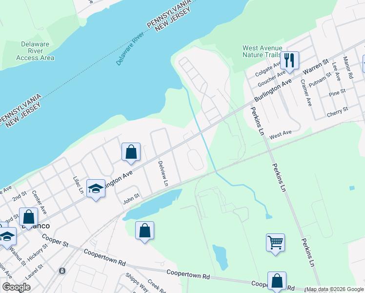 map of restaurants, bars, coffee shops, grocery stores, and more near 410 Larchmont Drive in Delanco