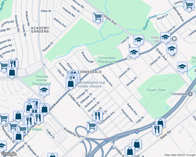 map of restaurants, bars, coffee shops, grocery stores, and more near 4313 Pearson Avenue in Philadelphia