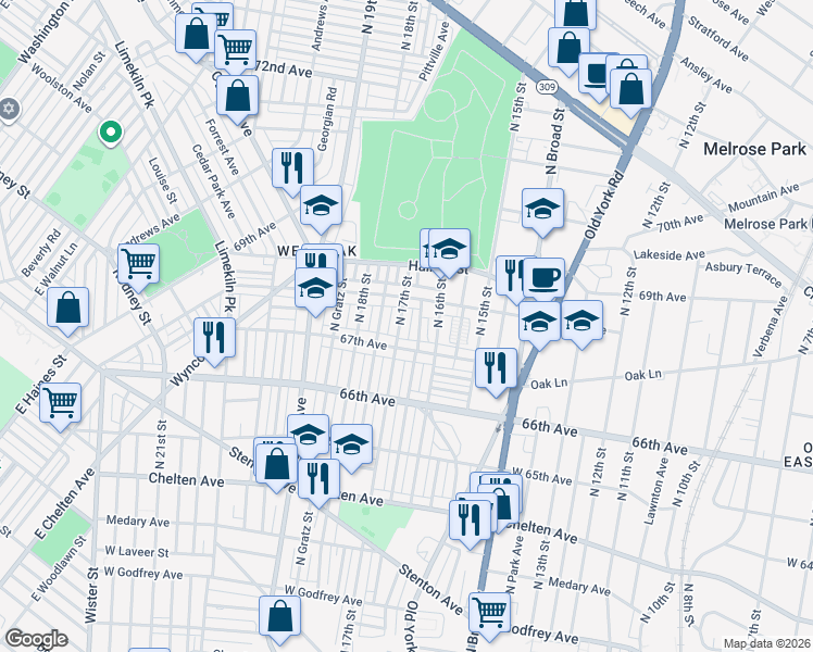 map of restaurants, bars, coffee shops, grocery stores, and more near 6710 North Smedley Street in Philadelphia