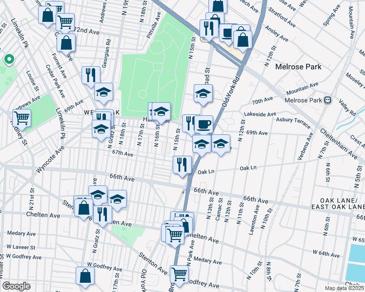 map of restaurants, bars, coffee shops, grocery stores, and more near 6738 North Carlisle Street in Philadelphia
