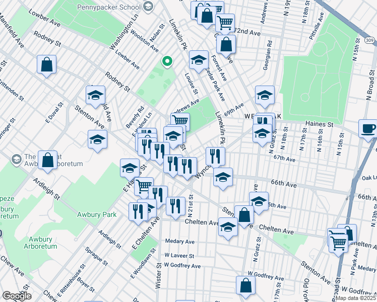 map of restaurants, bars, coffee shops, grocery stores, and more near 6803 Rodney Street in Philadelphia