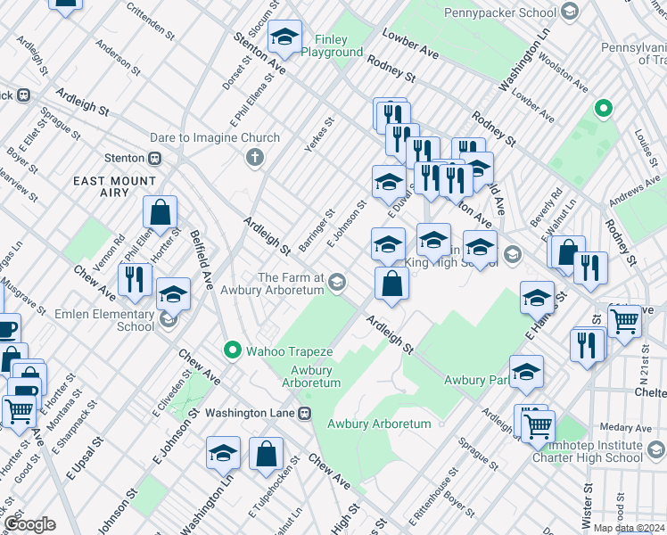 map of restaurants, bars, coffee shops, grocery stores, and more near 6332 Milton Street in Philadelphia