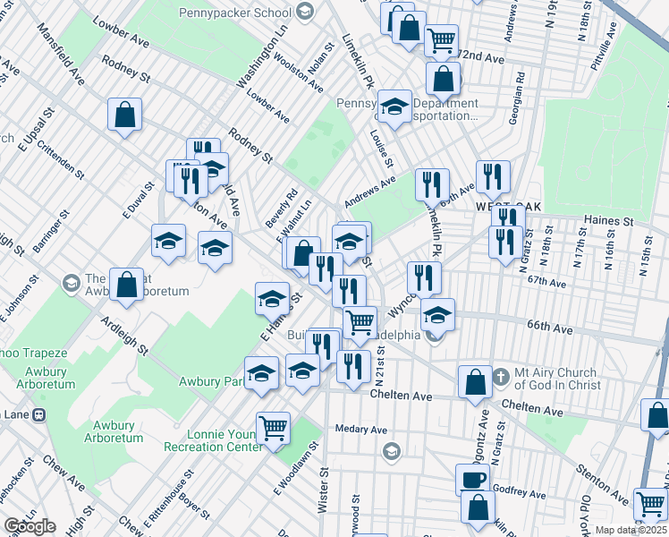 map of restaurants, bars, coffee shops, grocery stores, and more near 2128 East Haines Street in Philadelphia