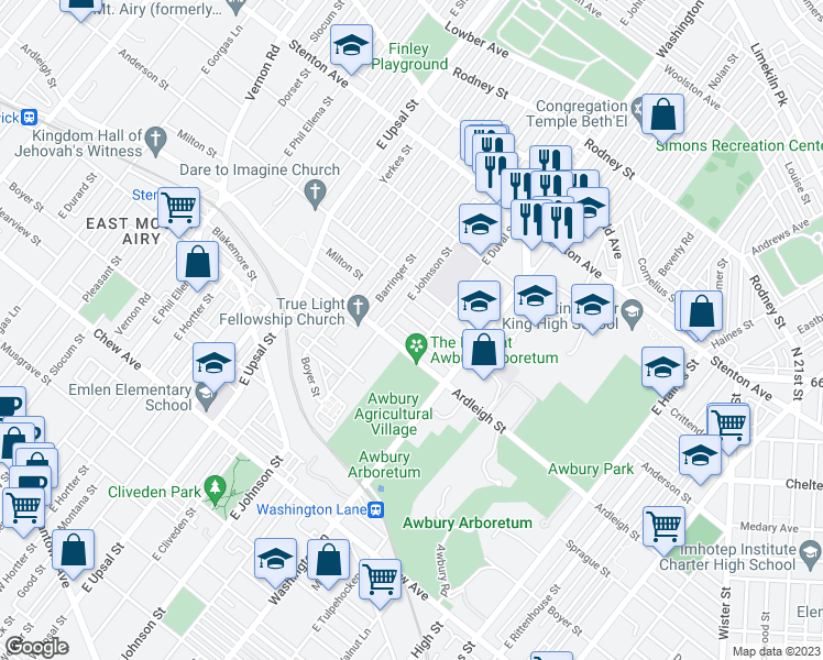 map of restaurants, bars, coffee shops, grocery stores, and more near 6332 Milton Street in Philadelphia