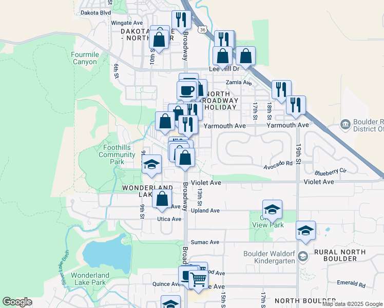 map of restaurants, bars, coffee shops, grocery stores, and more near 4490 Broadway in Boulder