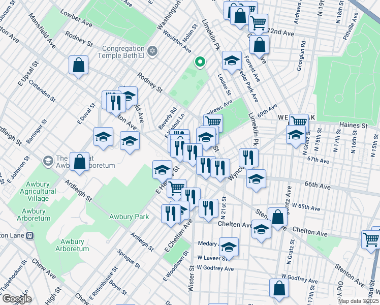 map of restaurants, bars, coffee shops, grocery stores, and more near 2128 East Haines Street in Philadelphia