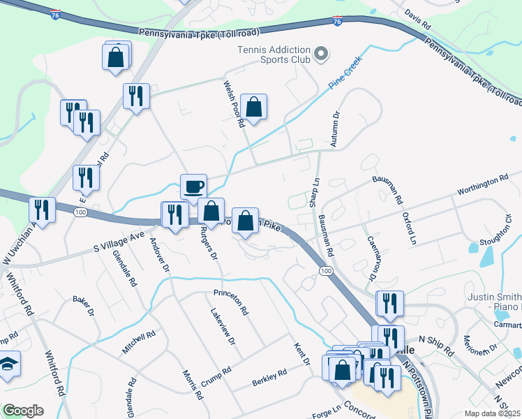 map of restaurants, bars, coffee shops, grocery stores, and more near 733 North Pottstown Pike in Exton