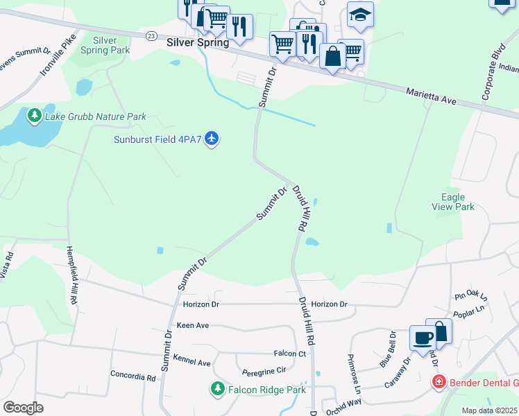 map of restaurants, bars, coffee shops, grocery stores, and more near 670 Summit Drive in Lancaster