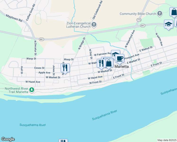 map of restaurants, bars, coffee shops, grocery stores, and more near 220 West Market Street in Marietta