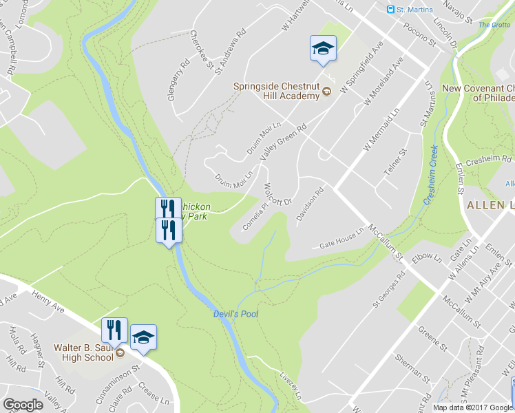 map of restaurants, bars, coffee shops, grocery stores, and more near 711 Cornelia Place in Philadelphia