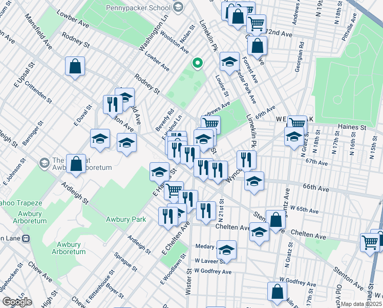 map of restaurants, bars, coffee shops, grocery stores, and more near 6900 Wister Street in Philadelphia
