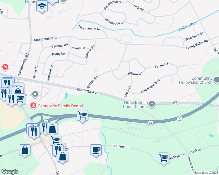 map of restaurants, bars, coffee shops, grocery stores, and more near 2610 De Witt Drive in Lancaster