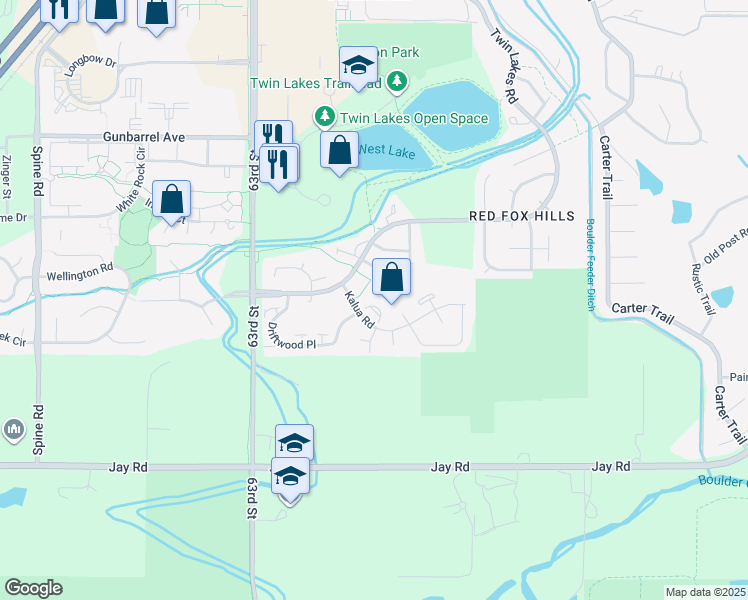 map of restaurants, bars, coffee shops, grocery stores, and more near 4547 Sandpiper Court in Boulder