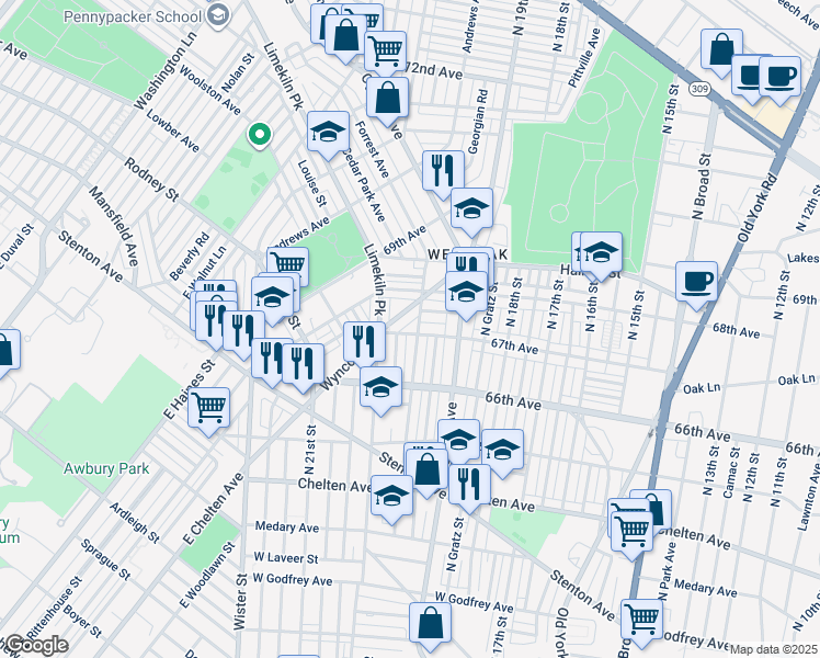 map of restaurants, bars, coffee shops, grocery stores, and more near 2003 67th Avenue in Philadelphia